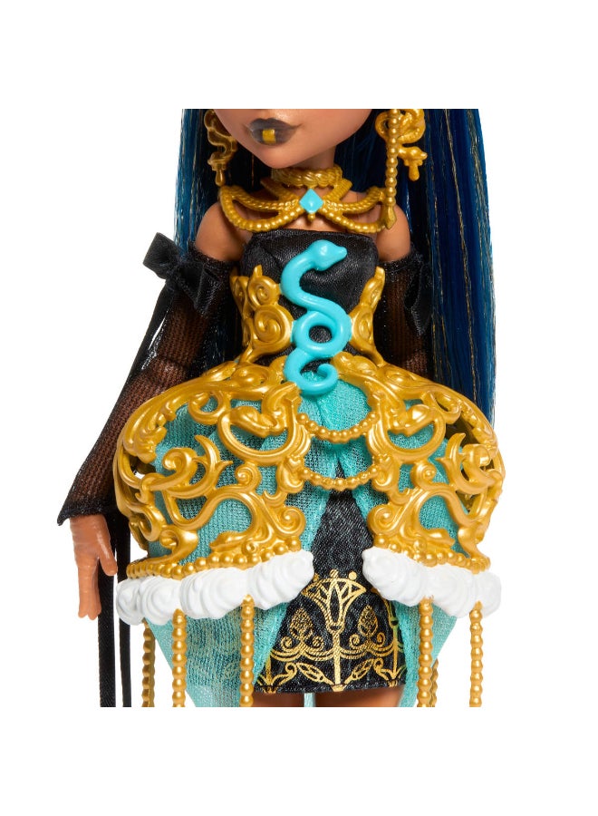 مونستر هاي Scary Sweet Birthday Doll, Cleo De Nile in Golden Party Dress with Themed Accessories like Invite, Balloon, Gift, Lipstick and More - Image 4